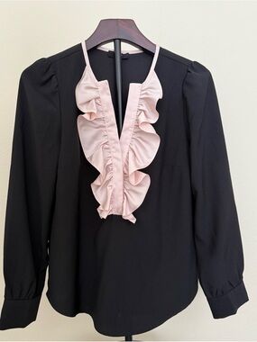 J. Crew Black Blouse with Pale Pink Ruffle Placket